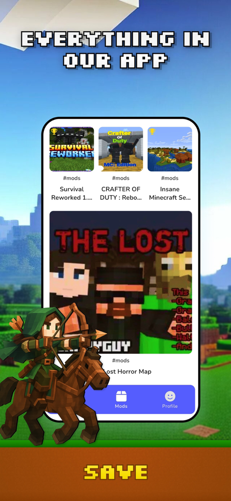 Torgo: Addons & Maps for MCPE - Interface of Torgo app displaying a variety of Minecraft addons including Survival Reworked and horror maps