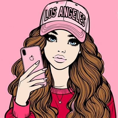 realistic beautiful girl wearing los ángeles cap holding an iphone