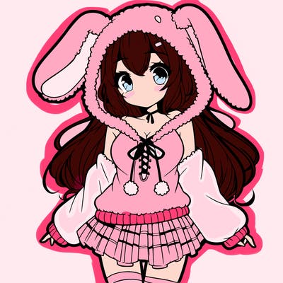pretty anime girl wearing a fluffy hoodie with bunny ears on the hood and a skirt