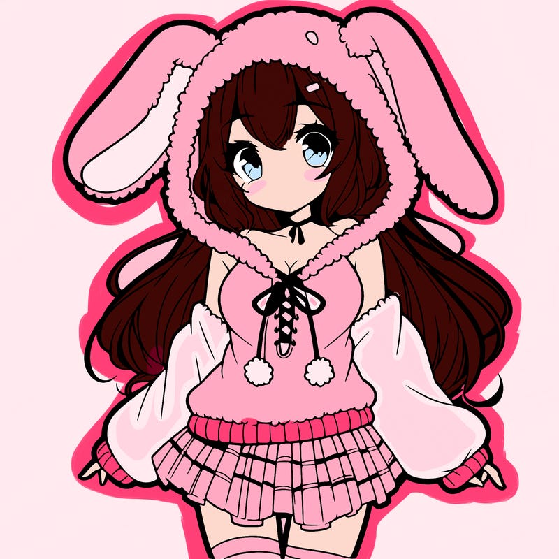 pretty anime girl wearing a fluffy hoodie with bunny ears on the hood and a skirt