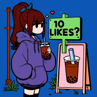 girl with oversized hoodie drinking boba and she has a high ponytail with a sign that says 10likes?