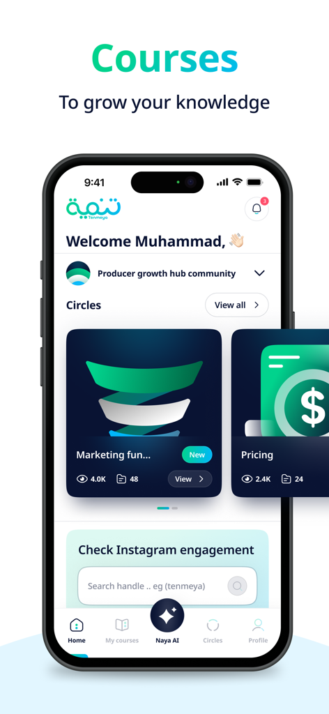 Mobile dashboard of Tenmeya app displaying various educational courses and community circles.