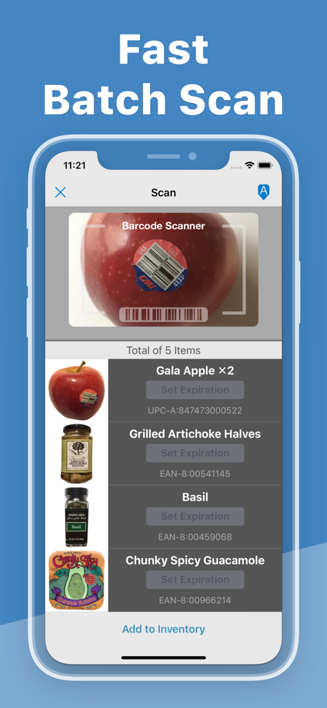 A smartphone screen displaying the fast batch scan barcode feature in the Pantry Check app scanning an apple and listing multiple grocery items.