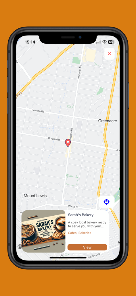 alkasa - Eine Kartenoberfläche in der alkasa App, die einen Pin für Sarah's Bakery und eine Karte mit Details und einer Ansicht-Schaltfläche anzeigt.