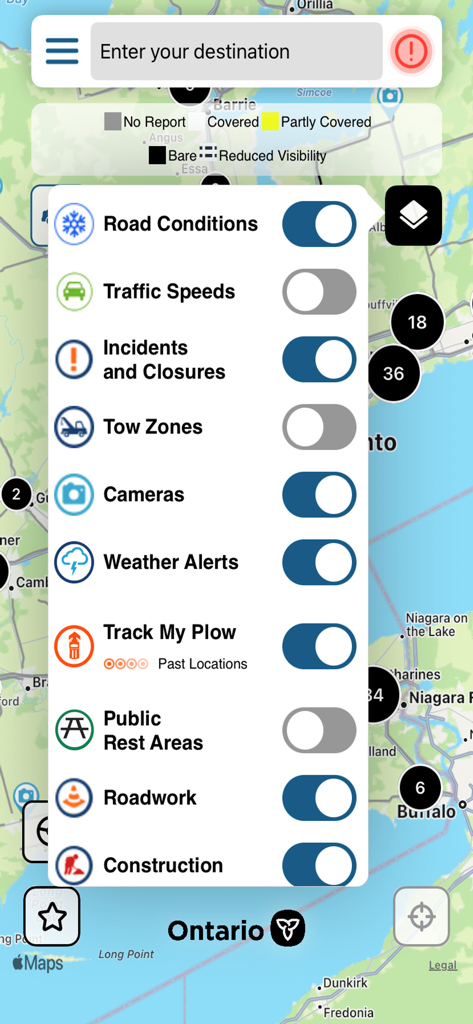 Ontario 511 - Ontario 511 app map screen showing a menu with various layers like road conditions, cameras, weather alerts, and snowplow tracking toggles.