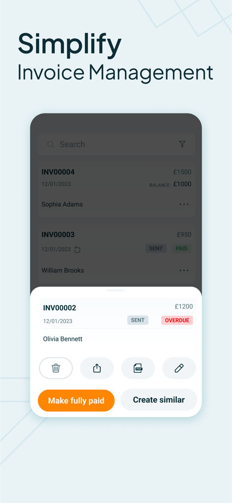 Easy Invoice Maker app dashboard showing sent and overdue invoices