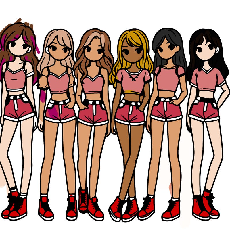 a group of girls wearing crop tops and shorts