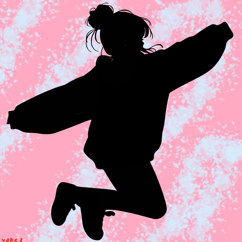 realistic girl jumping with a bun and oversized sweatshirt