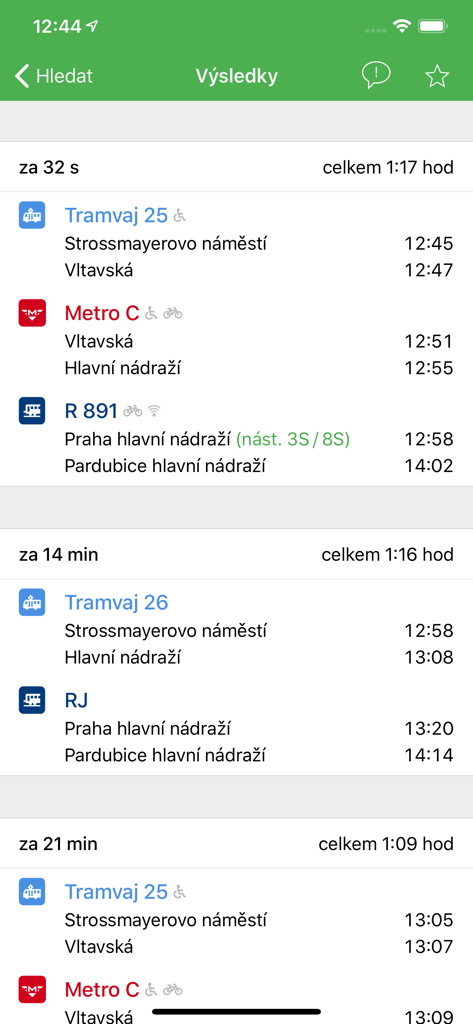 Pubtran - Pubtran app screen showing public transit connection results including tram metro and train schedules in the Czech Republic