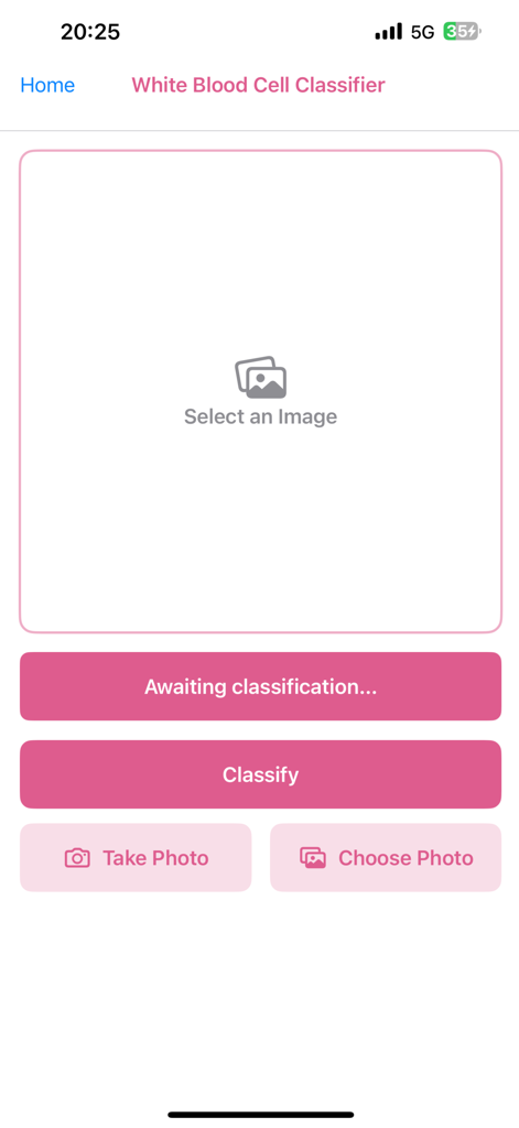 WBC Smart Lab - White Blood Cell Classifier interface in the WBC Smart Lab app showing options to take or choose a photo for AI analysis.