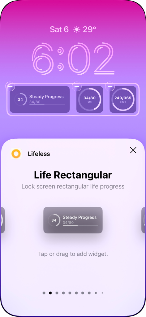 iOS 잠금 화면, Life Countdown 진행률 위젯 및 사용자 정의 메뉴 기능