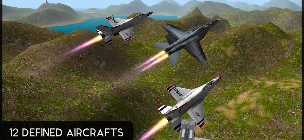 Avion Flight Simulator ™ - Three military jets flying over a mountainous landscape in Avion Flight Simulator