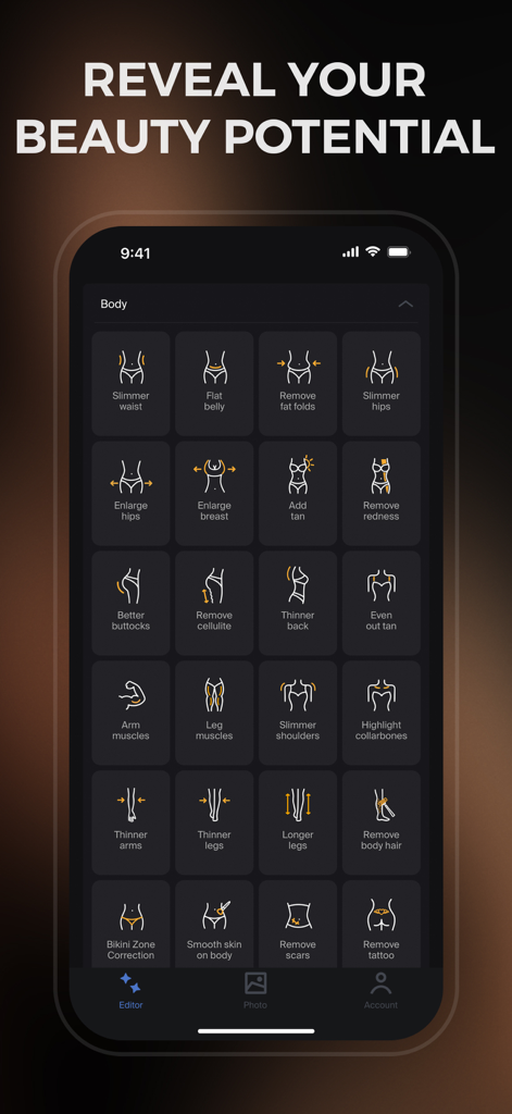 Retouch Body & Face, Photo Pro - Oberfläche der Retouch Body App, die professionelle Körperbearbeitungswerkzeuge und Funktionen zeigt