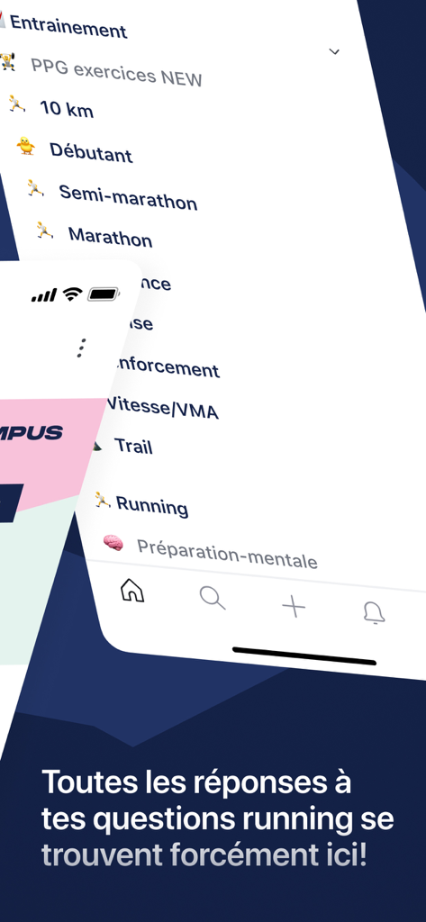 Screenshot of the Campus Communaute app menu showing various running training categories like Marathon Trail and Mental Prep
