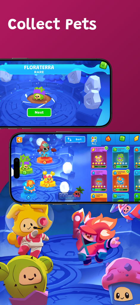 Boddle - Pantalla del juego Boddle que muestra la colección de mascotas y avatares de personajes raros.