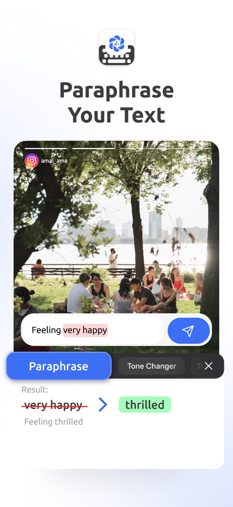 AI Keyboard Pro - Type & Write - AI Keyboard Pro app interface showing the paraphrase tool changing very happy to thrilled