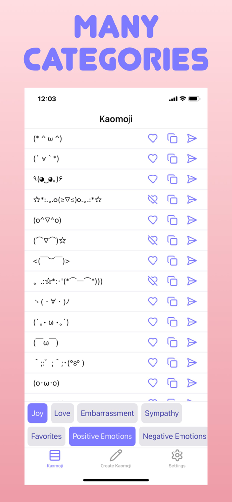 Mobile app interface displaying a list of Japanese kaomoji emoticons categorized by emotions like joy and love