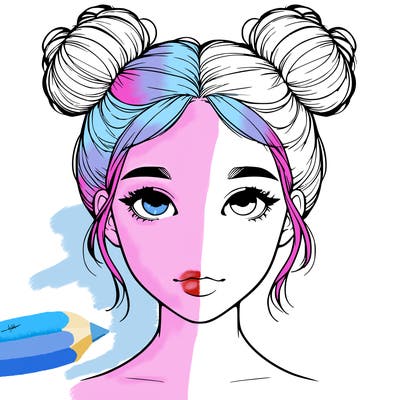 realistic girl with two buns on top of her head