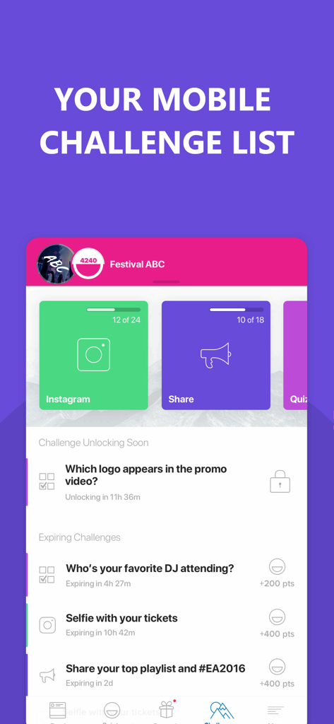 SocialLadder app interface displaying a list of brand ambassador challenges and reward points for a music festival.
