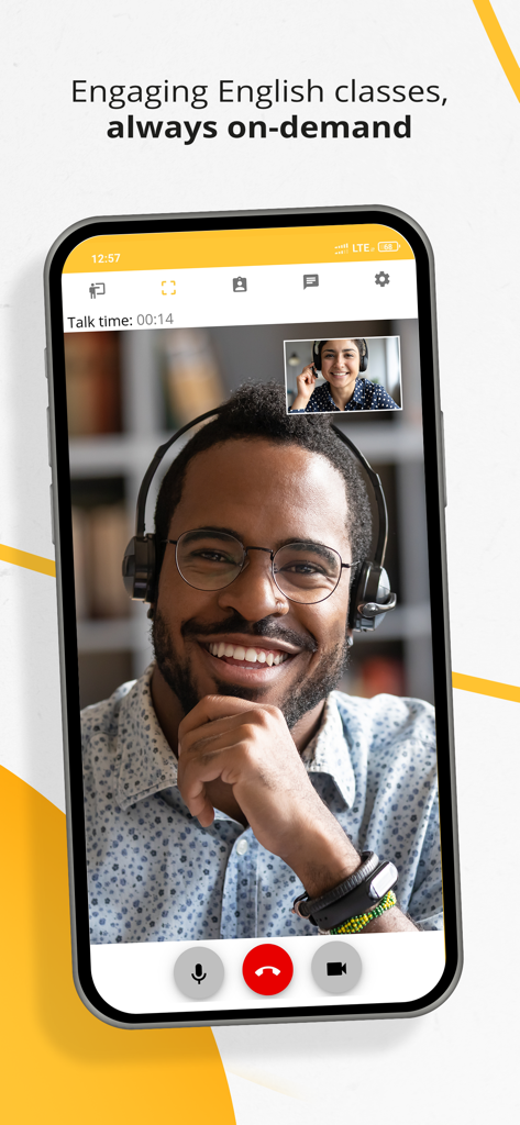 A smartphone screen displaying a Tutlo on-demand English video class with a student and a teacher.