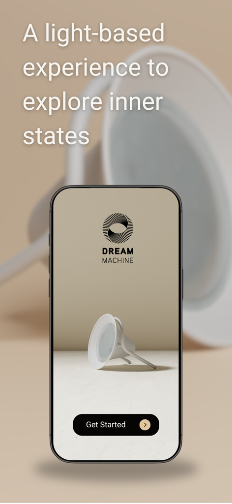 Dream Machine - The landing screen of the Dream Machine app featuring its minimalist design and Get Started button