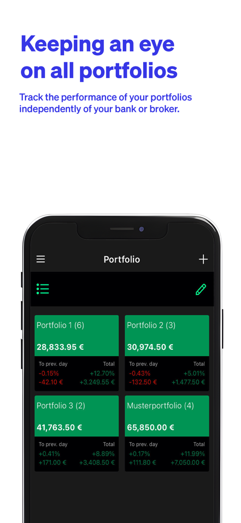 Deutsche Börse - Mobile app interface showing multiple investment portfolios with real-time performance and data