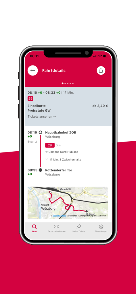 WVVmobil - WVVmobil App-Bildschirm mit Details zur Buslinie und einer Reisekarte in Würzburg.