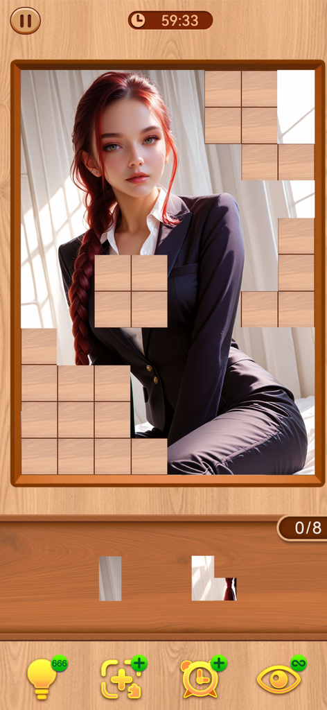 Una pantalla de juego de rompecabezas que muestra un retrato digital de una mujer con traje que se completa con bloques de madera.
