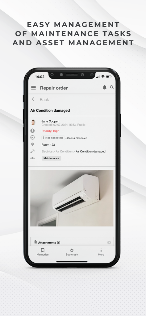 hotelkit - A maintenance repair order for a hotel air conditioning unit displayed on the hotelkit mobile app interface