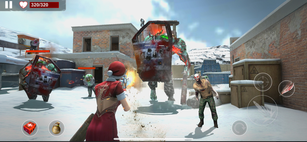 Perspectiva en tercera persona de un jugador luchando contra zombis gigantes con escudos en un entorno de apocalipsis nevado.