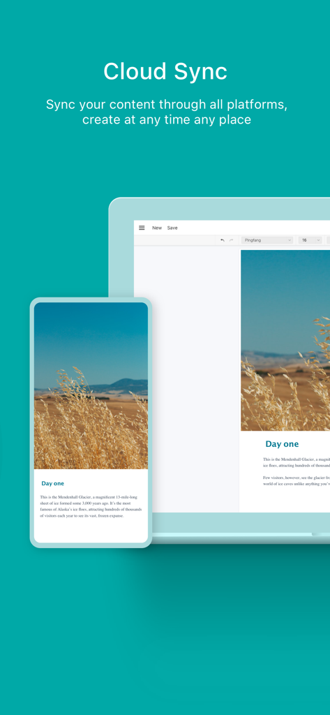Interfaccia dell'app di scrittura Zine che mostra la sincronizzazione cloud di una voce di diario tra uno smartphone e un tablet.