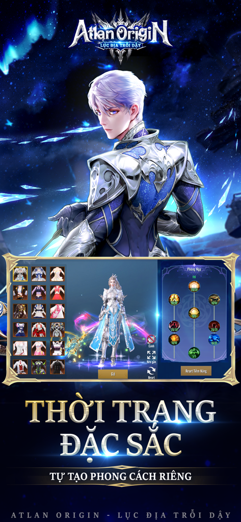 Atlan Origin: Lục Địa Trỗi Dậy - Character customization screen in Atlan Origin showing unique fashion and skill attributes.