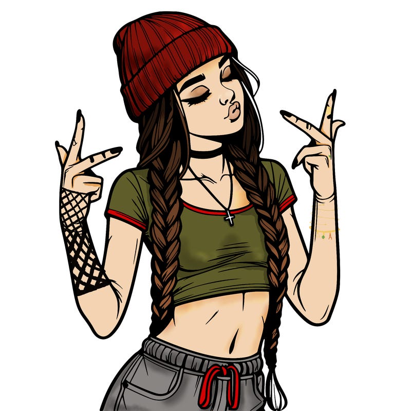realistic teenage girl with braids and a beanie and crop top doing 🫶🏼