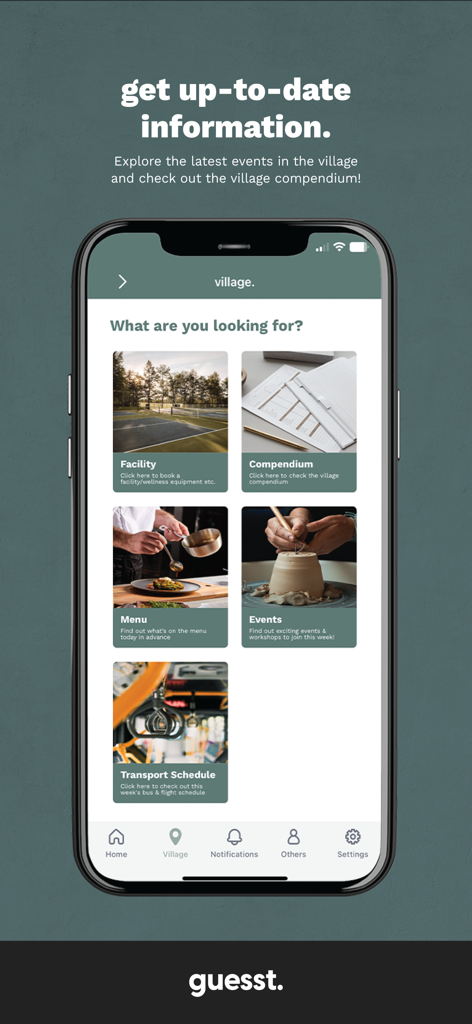 guesst. - guesst의 메뉴 및 교통편 일정과 같은 다양한 마을 서비스를 보여주는 모바일 앱 인터페이스