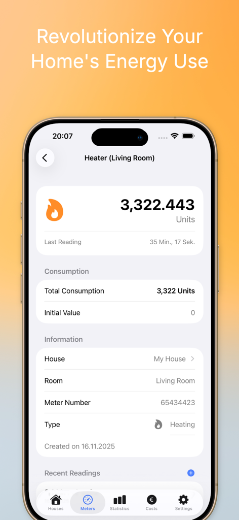 Screenshot of the Meter Usage app showing heater consumption statistics