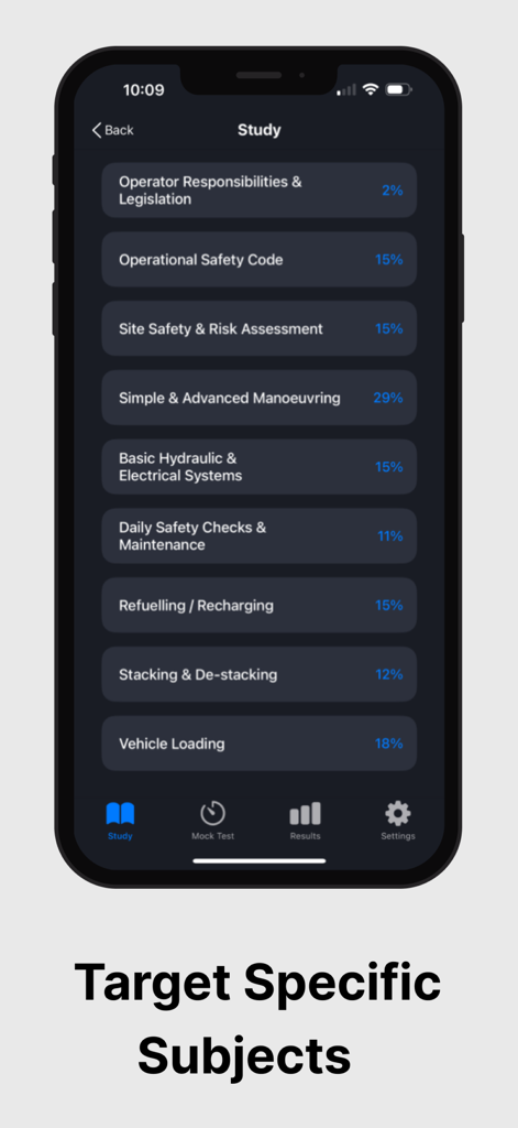 Forklift Theory Test 2025 - Mobile app screen listing forklift theory test study modules with percentage progress bars.