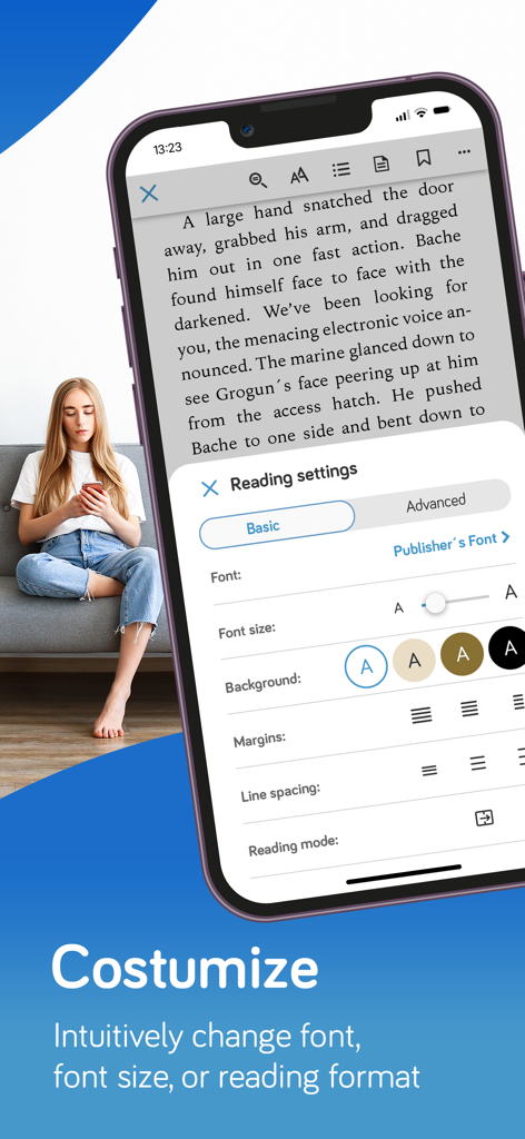 Tolino app reading settings menu on a smartphone showing options to adjust font size background color and margins
