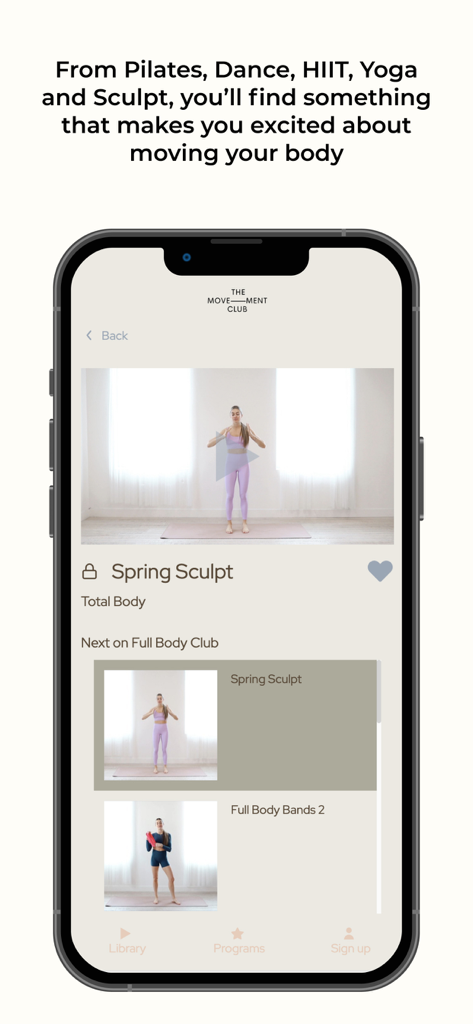 The Movement Club App - Smartphone screen showing a total body workout video from the Spring Sculpt program in The Movement Club app