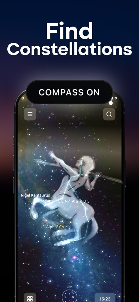 Star Gazer & Night Sky Map - Smartphone screen showing the Centaurus constellation using an augmented reality star map