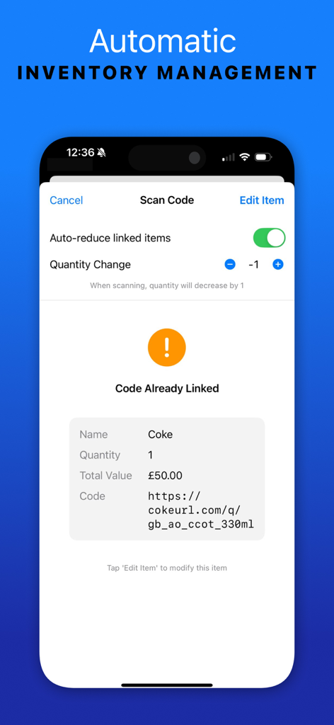 Barcode scan screen in the Easy Inventory Tracker app showing details for a linked item and auto-reduce stock options