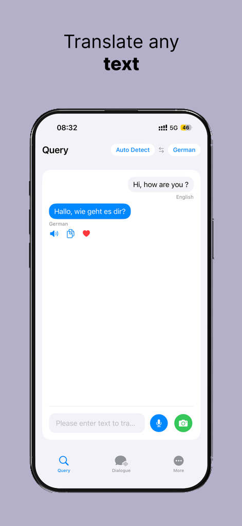 Live Translator X app screen showing an English to German text translation with AI auto-detection features.
