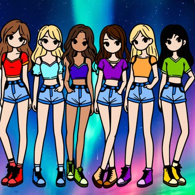 a group of girls wearing crop tops and shorts