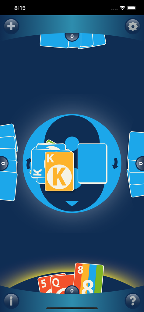 Crazy 8s+ - Schermata di gioco di Crazy 8s plus che mostra una partita di carte contro tre avversari robotici con una pulita interfaccia blu.