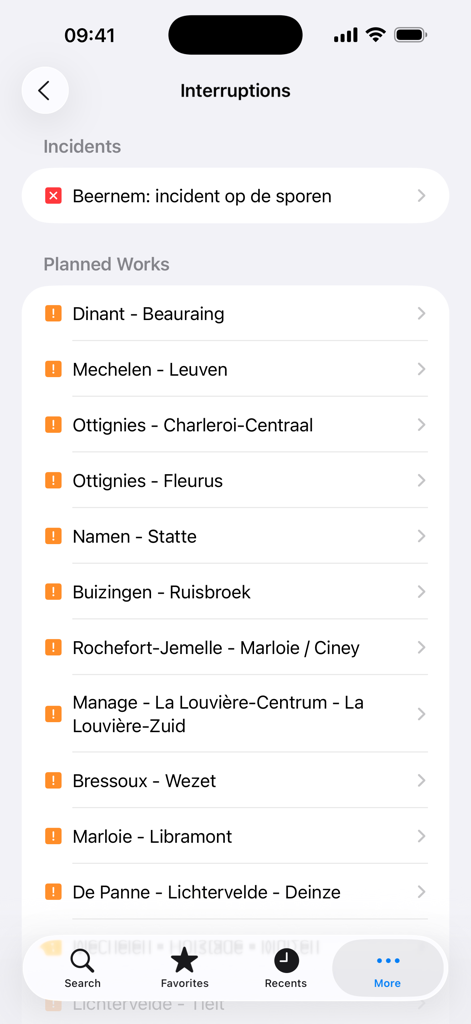 Railer – Train timetable - Écran des interruptions de l'application Railer affichant les incidents et les travaux prévus sur les trains belges