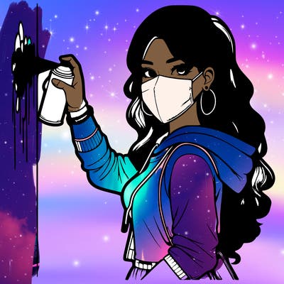 realistic girl with mask spray painting a wall