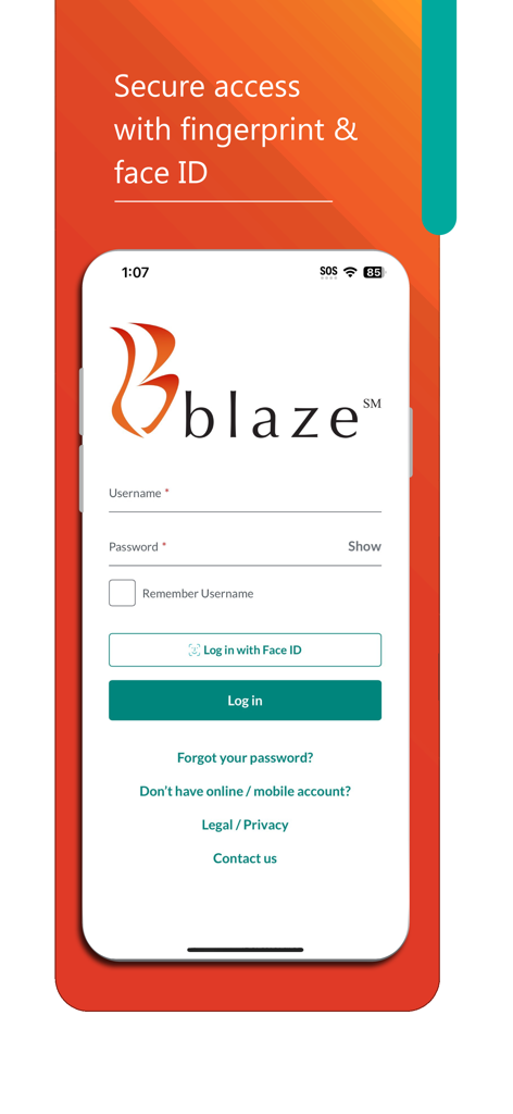 Blaze Mastercard Mobile - Login screen of the Blaze Mastercard Mobile app showing the sign in form and options for Face ID and fingerprint access
