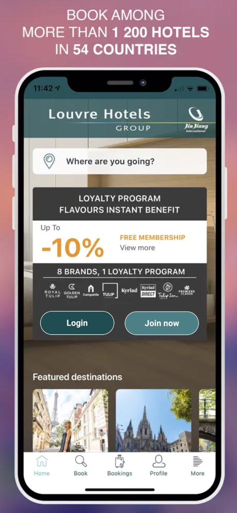Pantalla de inicio de la app móvil Louvre Hotels Group mostrando un descuento del programa de fidelización y una función de búsqueda de hoteles.