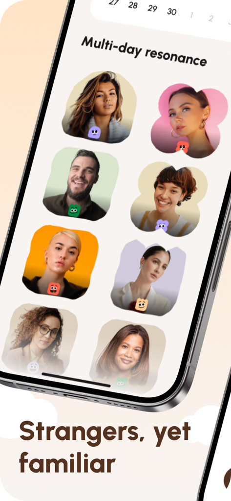 Bubblely – Softly Connected - A screenshot of the Bubblely app showing user profiles in soft-edged mood bubbles with the text Strangers yet familiar.