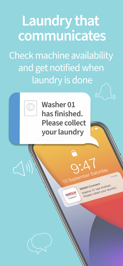Smartphone displaying a notification from the WASH-Connect app stating that a washing machine cycle has finished.