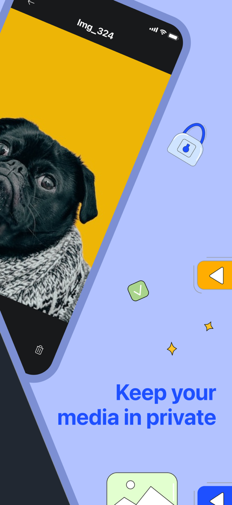 HideU - Caculator Lock - A screenshot of the HideU app showing its private media storage feature with a photo of a pug and a padlock icon
